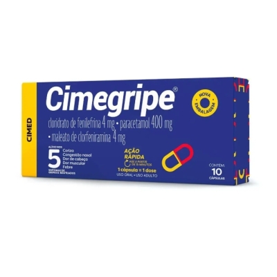 Cimegripe Cloridrato Fenillefrina 4mg + Paracetamol 400mg + Maleato de Clorfeniramina 4mg 10 cápsula