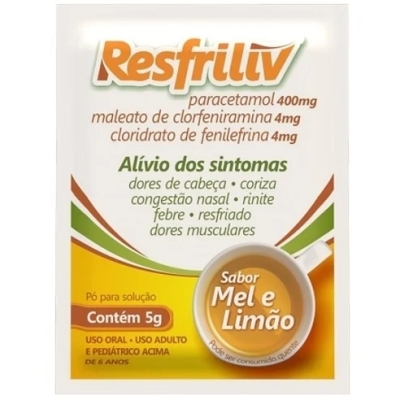 Resfriliv 400mg + 4mg + 4mg Sabor Mel e Limão Pó para Solução 1 Envelope 5g