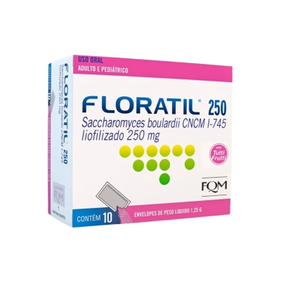 Floratil AT 250 mg 10 envelopes — Medicamento probiótico em sachês.